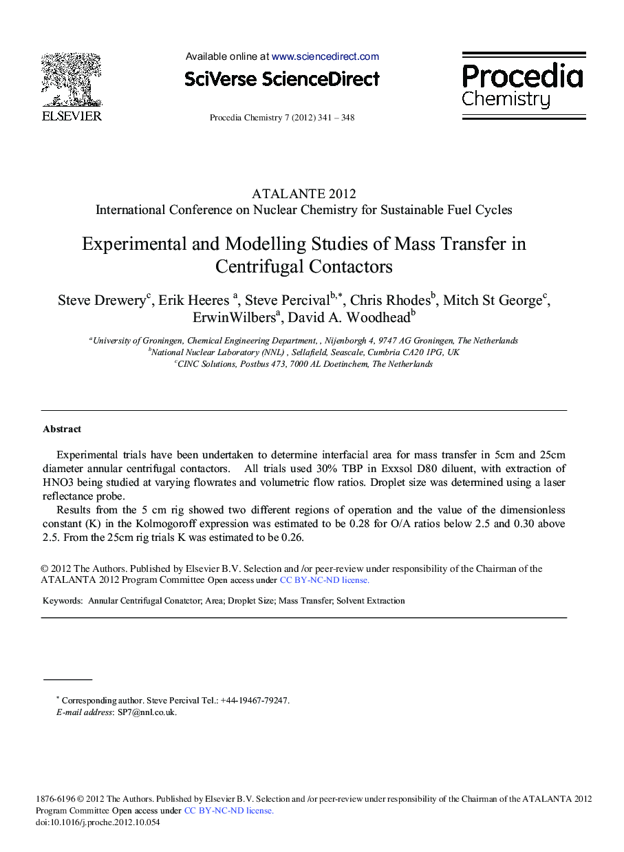 Experimental and Modelling Studies of Mass Transfer in Centrifugal Contactors 