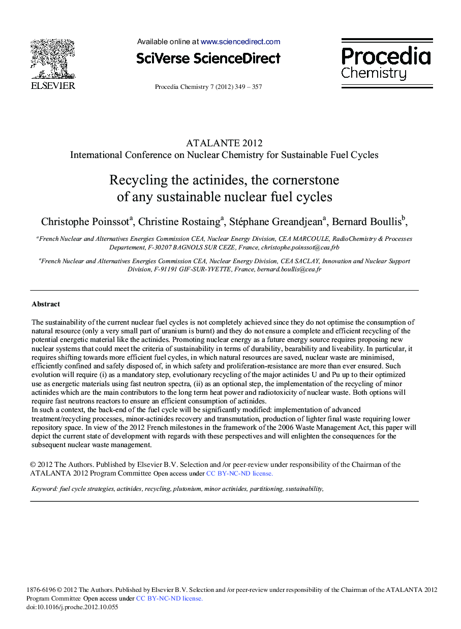 Recycling the Actinides, The Cornerstone of Any Sustainable Nuclear Fuel Cycles 