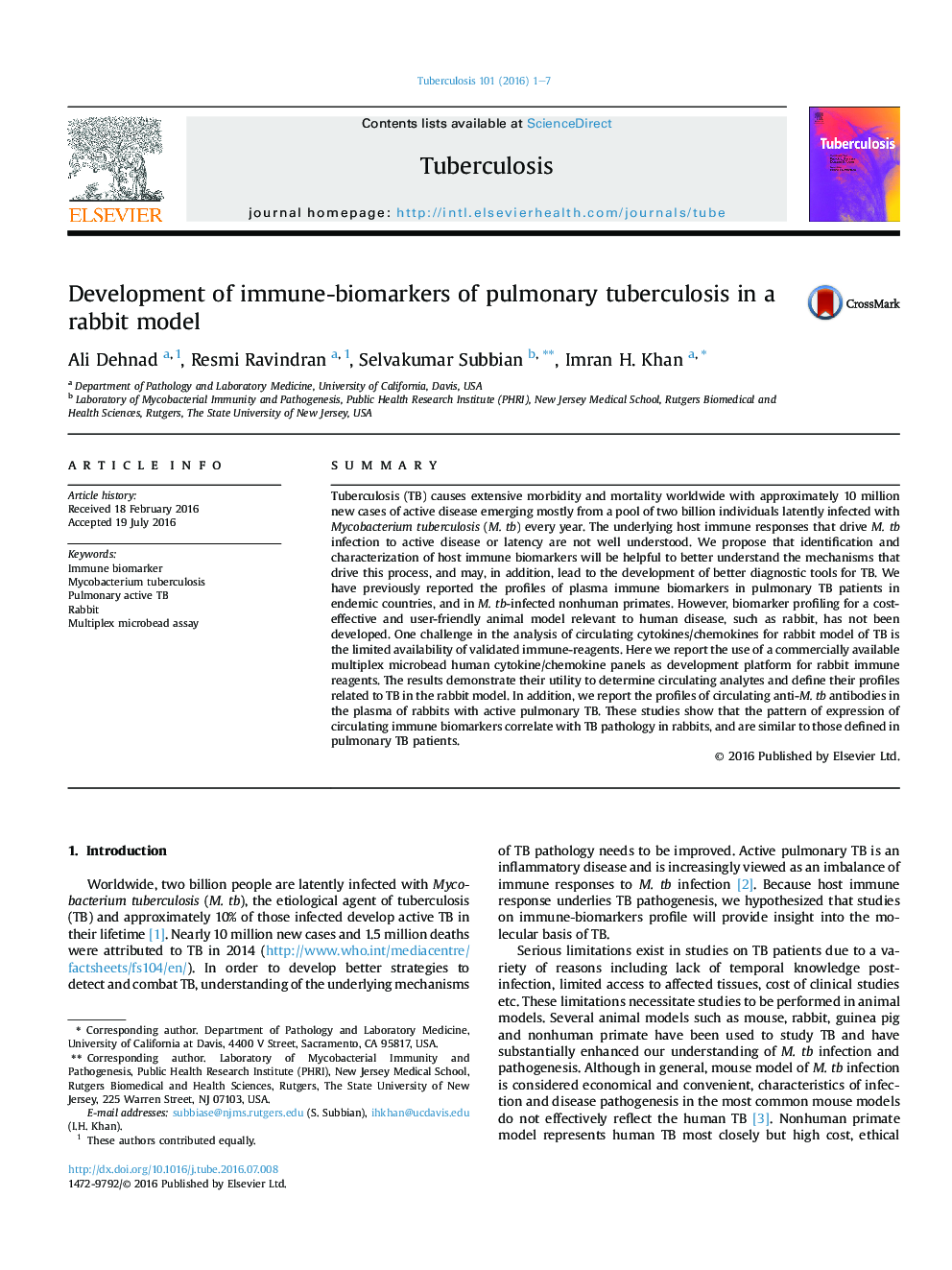 Development of immune-biomarkers of pulmonary tuberculosis in a rabbit model