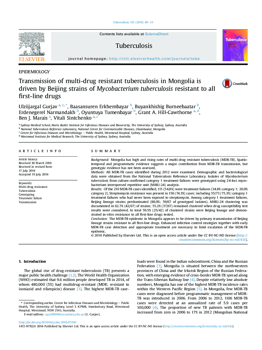 Transmission of multi-drug resistant tuberculosis in Mongolia is driven by Beijing strains of Mycobacterium tuberculosis resistant to all first-line drugs
