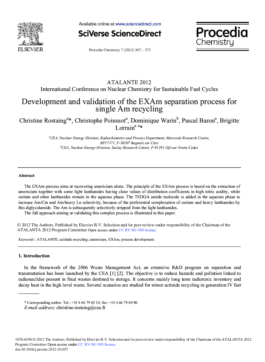 Development and Validation of the EXAm Separation Process for Single Am Recycling 