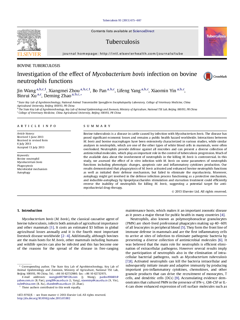 Investigation of the effect of Mycobacterium bovis infection on bovine neutrophils functions