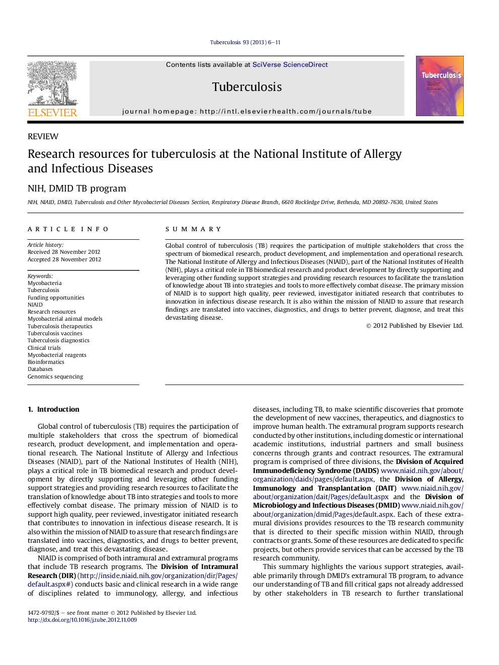 Research resources for tuberculosis at the National Institute of Allergy and Infectious Diseases