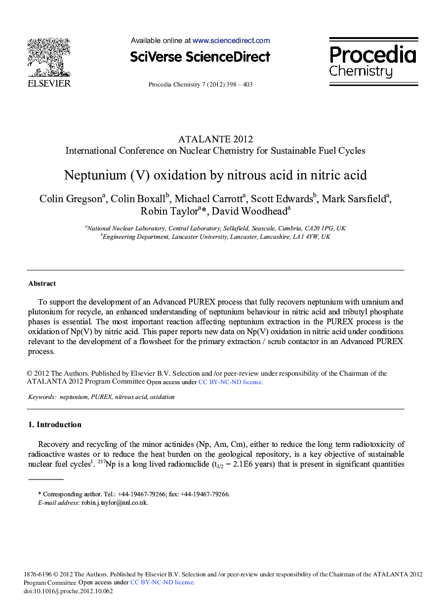 Neptunium (V) Oxidation by Nitrous Acid in Nitric Acid 