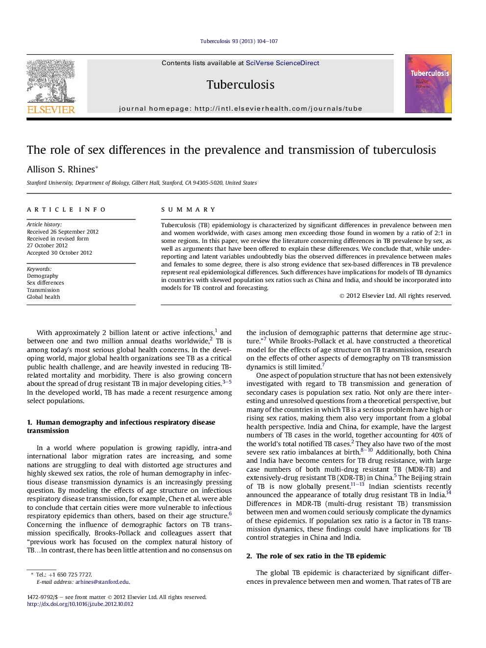 The role of sex differences in the prevalence and transmission of tuberculosis