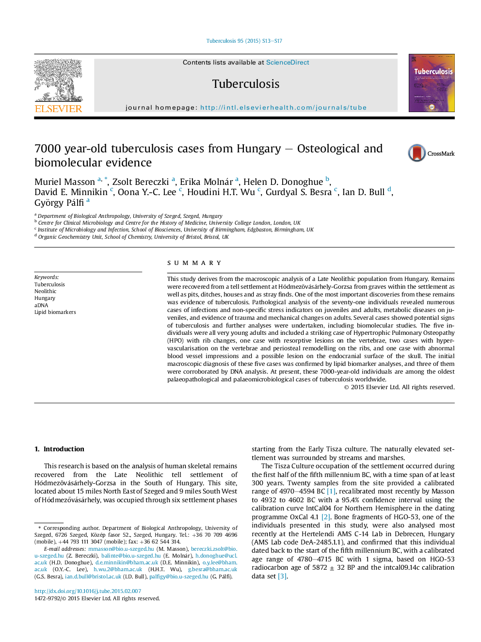 7000 year-old tuberculosis cases from Hungary – Osteological and biomolecular evidence