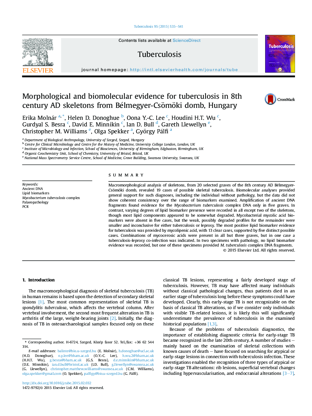 Morphological and biomolecular evidence for tuberculosis in 8th century AD skeletons from Bélmegyer-Csömöki domb, Hungary