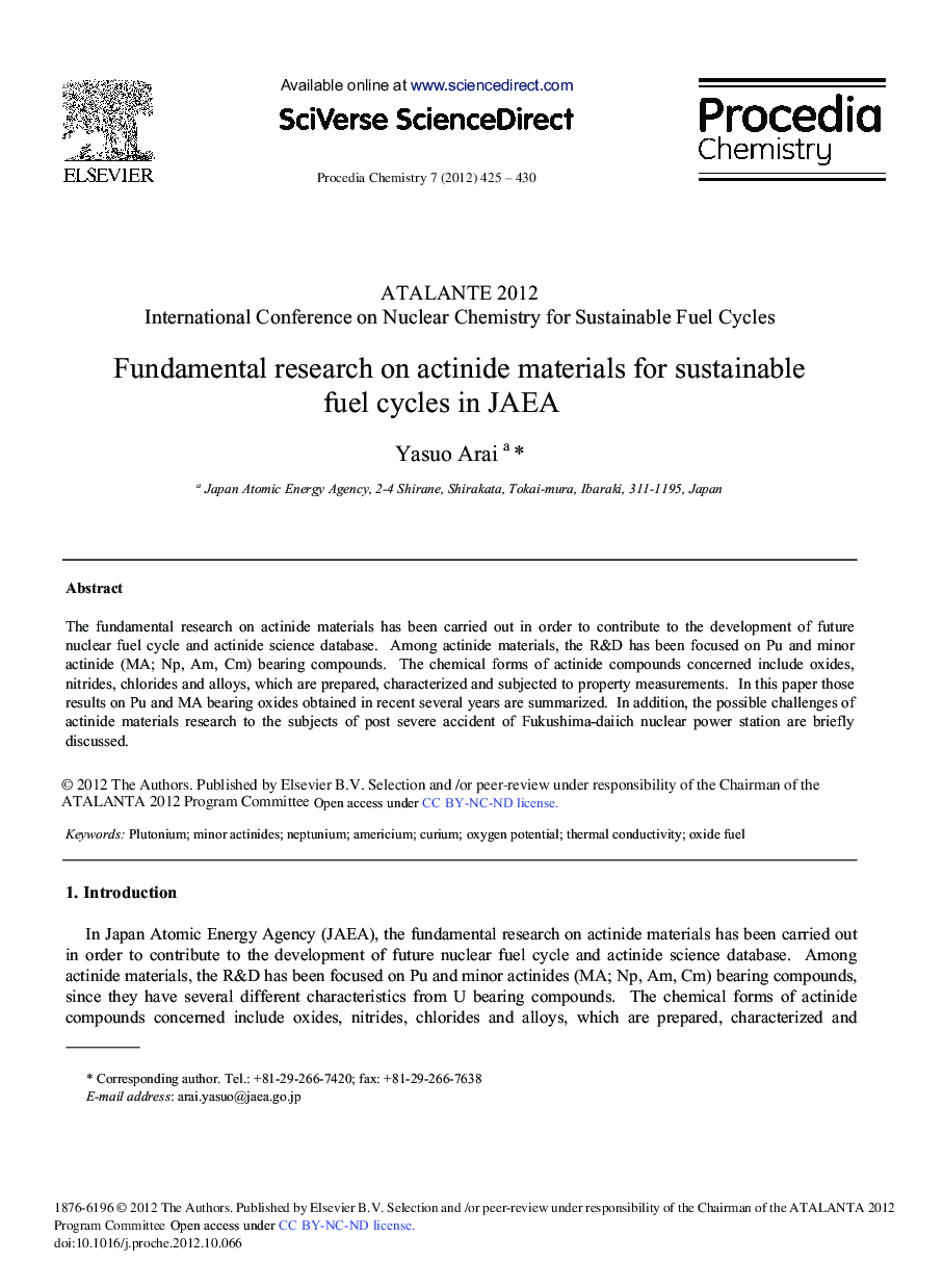 Fundamental Research on Actinide Materials for Sustainable Fuel Cycles in JAEA 