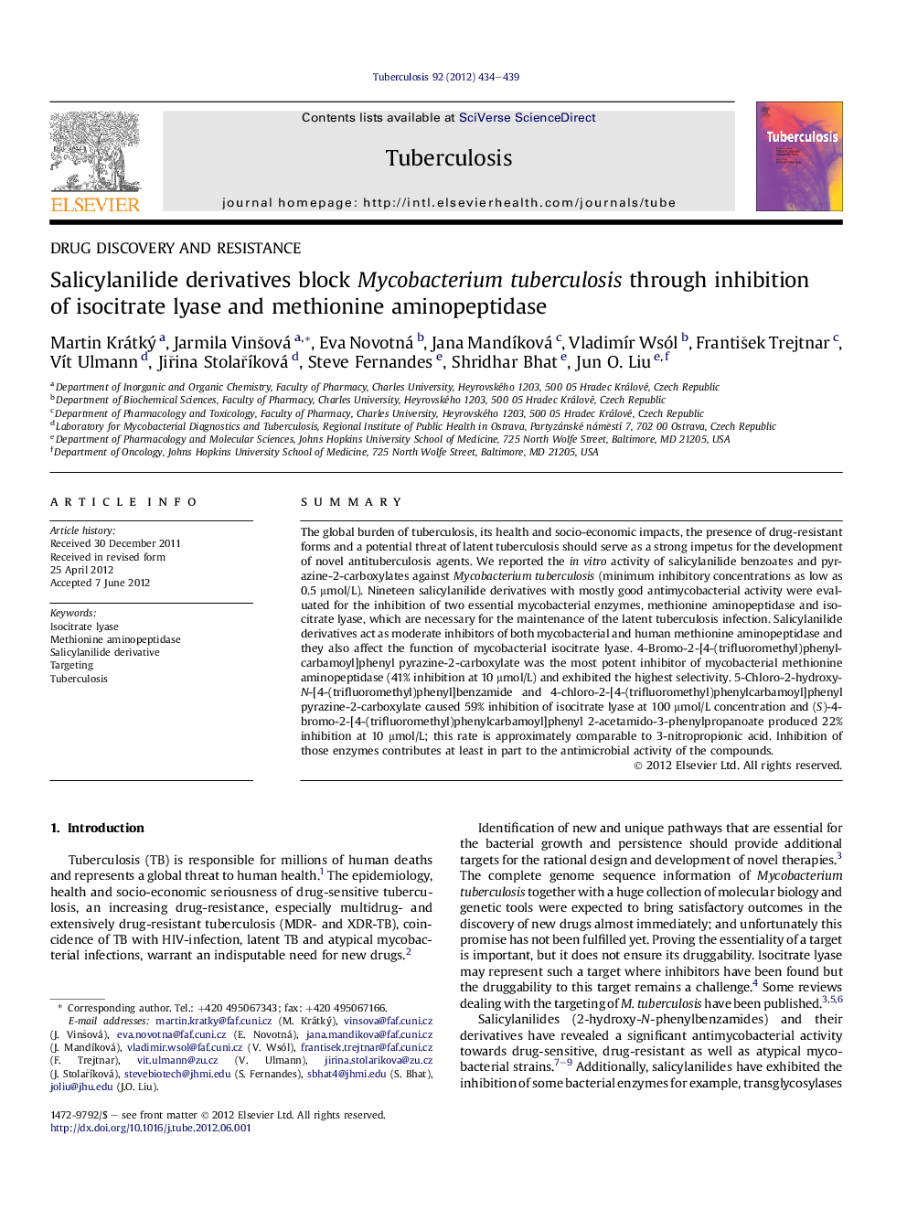 Salicylanilide derivatives block Mycobacterium tuberculosis through inhibition of isocitrate lyase and methionine aminopeptidase