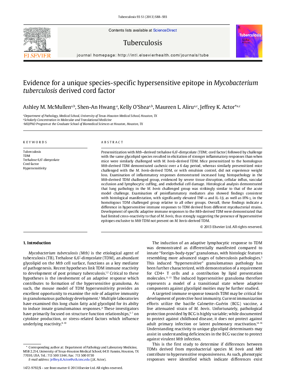 Evidence for a unique species-specific hypersensitive epitope in Mycobacterium tuberculosis derived cord factor