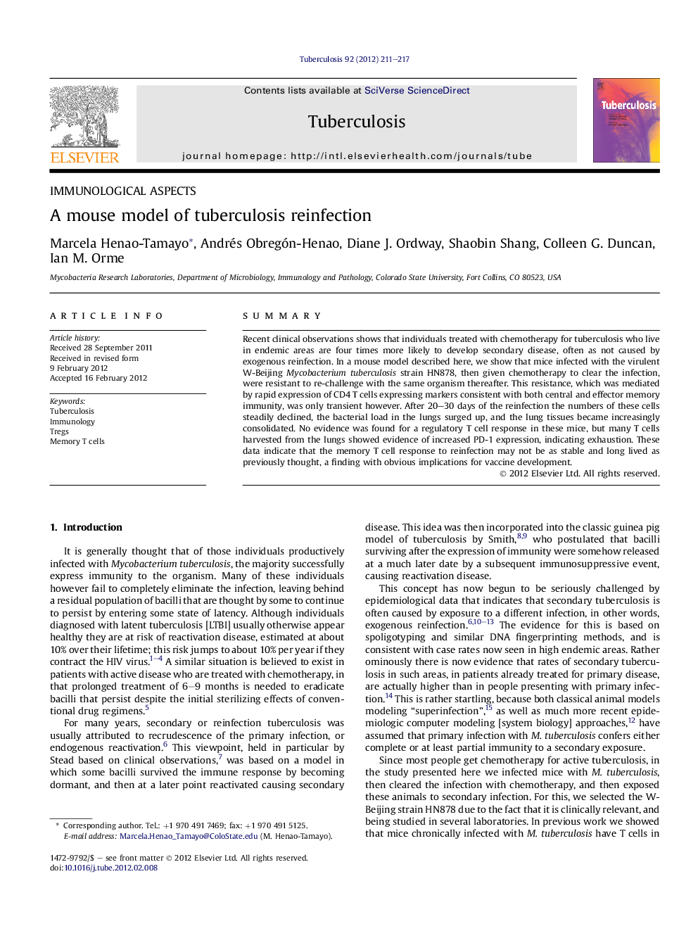 A mouse model of tuberculosis reinfection