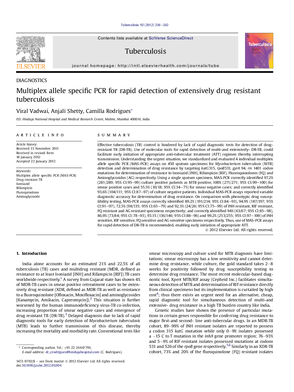 Multiplex allele specific PCR for rapid detection of extensively drug resistant tuberculosis