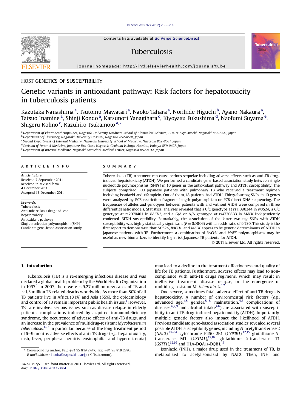 Genetic variants in antioxidant pathway: Risk factors for hepatotoxicity in tuberculosis patients