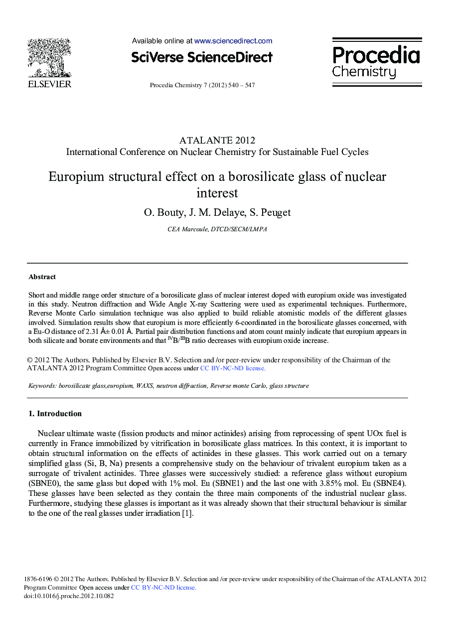 Europium Structural Effect on a Borosilicate Glass of Nuclear Interest 