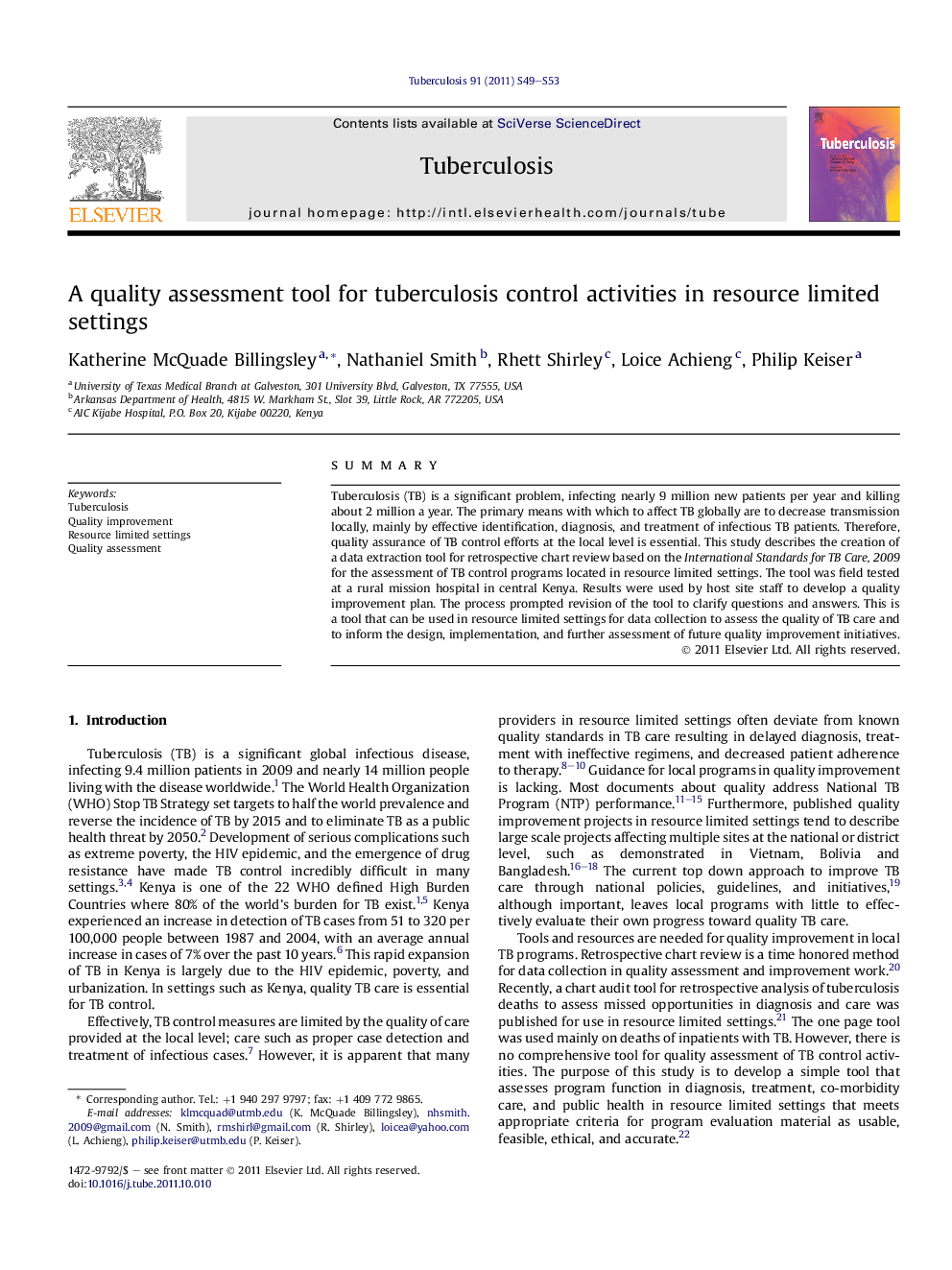 A quality assessment tool for tuberculosis control activities in resource limited settings