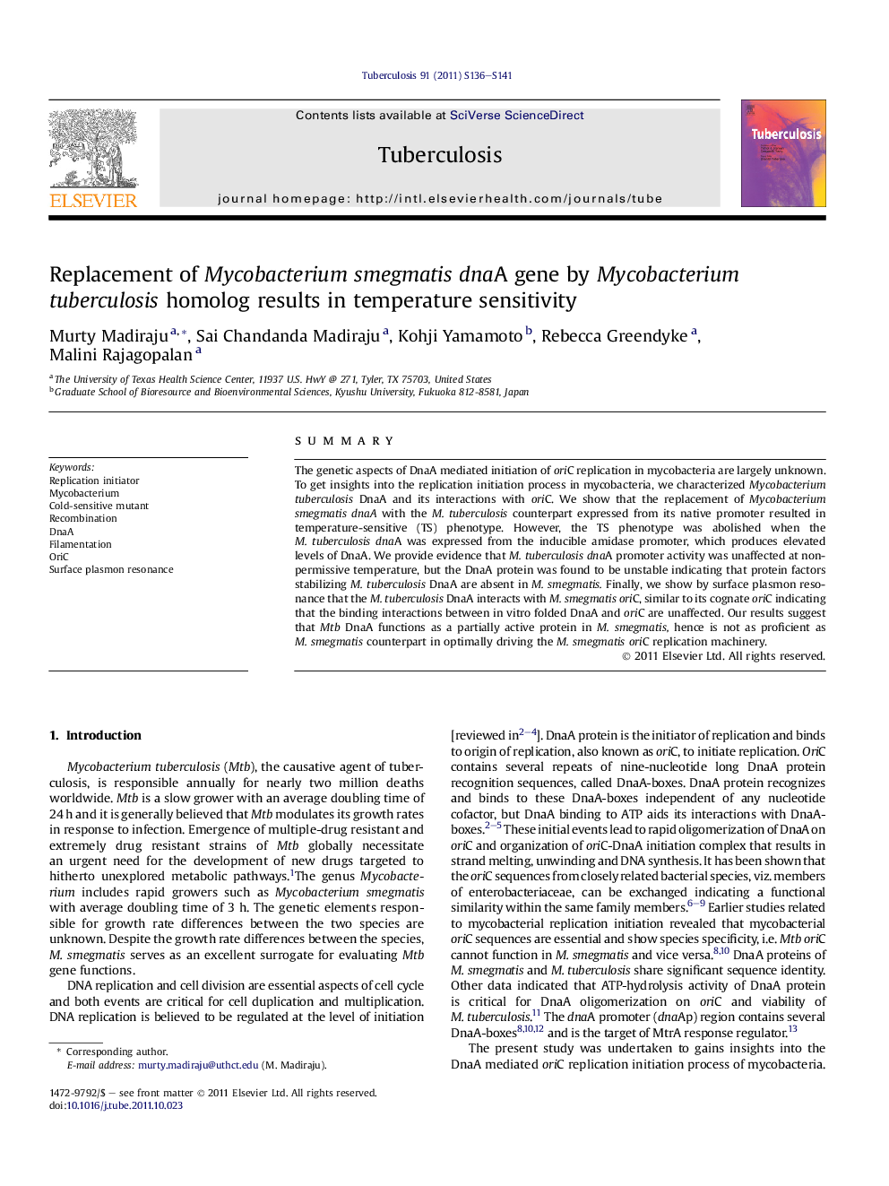 Replacement of Mycobacterium smegmatis dnaA gene by Mycobacterium tuberculosis homolog results in temperature sensitivity