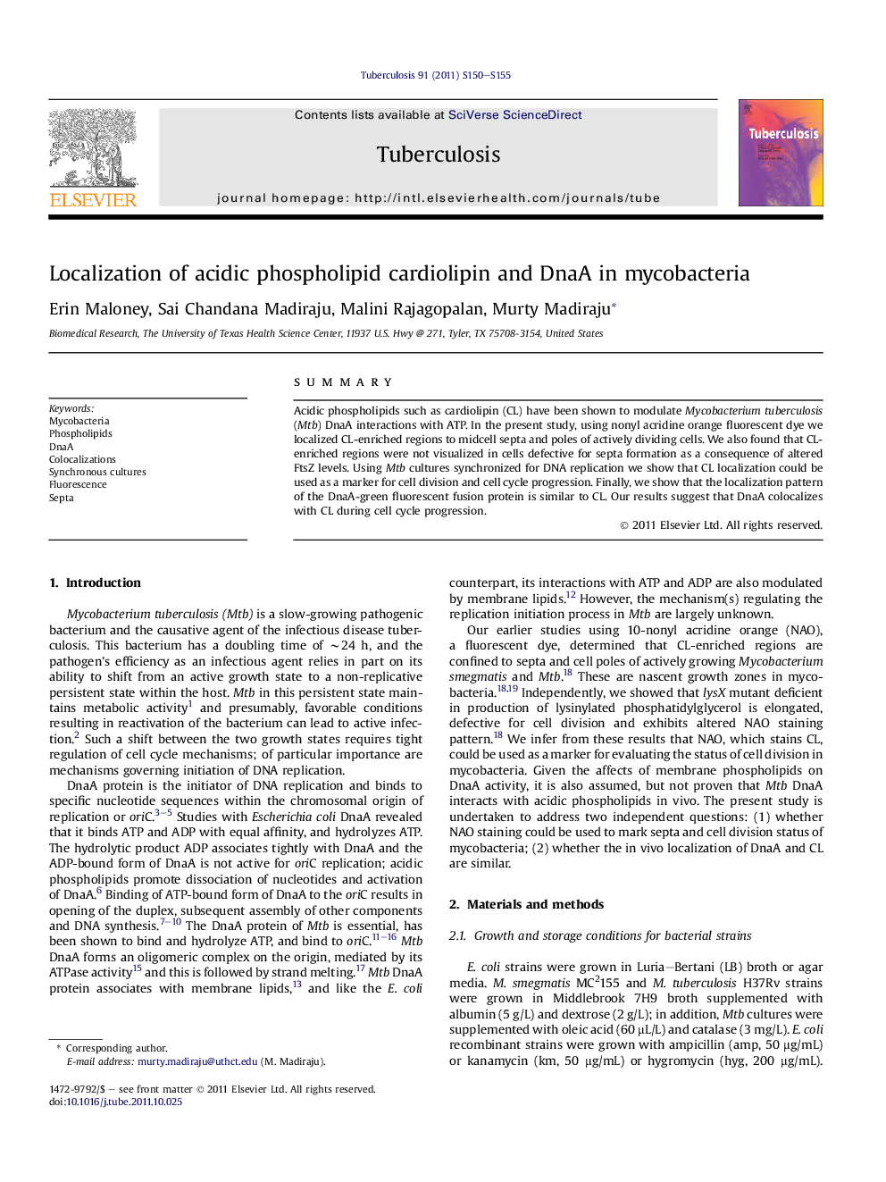 Localization of acidic phospholipid cardiolipin and DnaA in mycobacteria