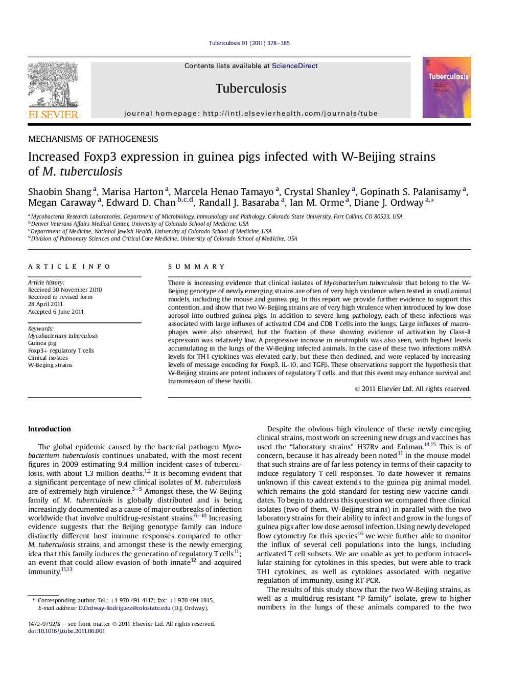 Increased Foxp3 expression in guinea pigs infected with W-Beijing strains of M. tuberculosis