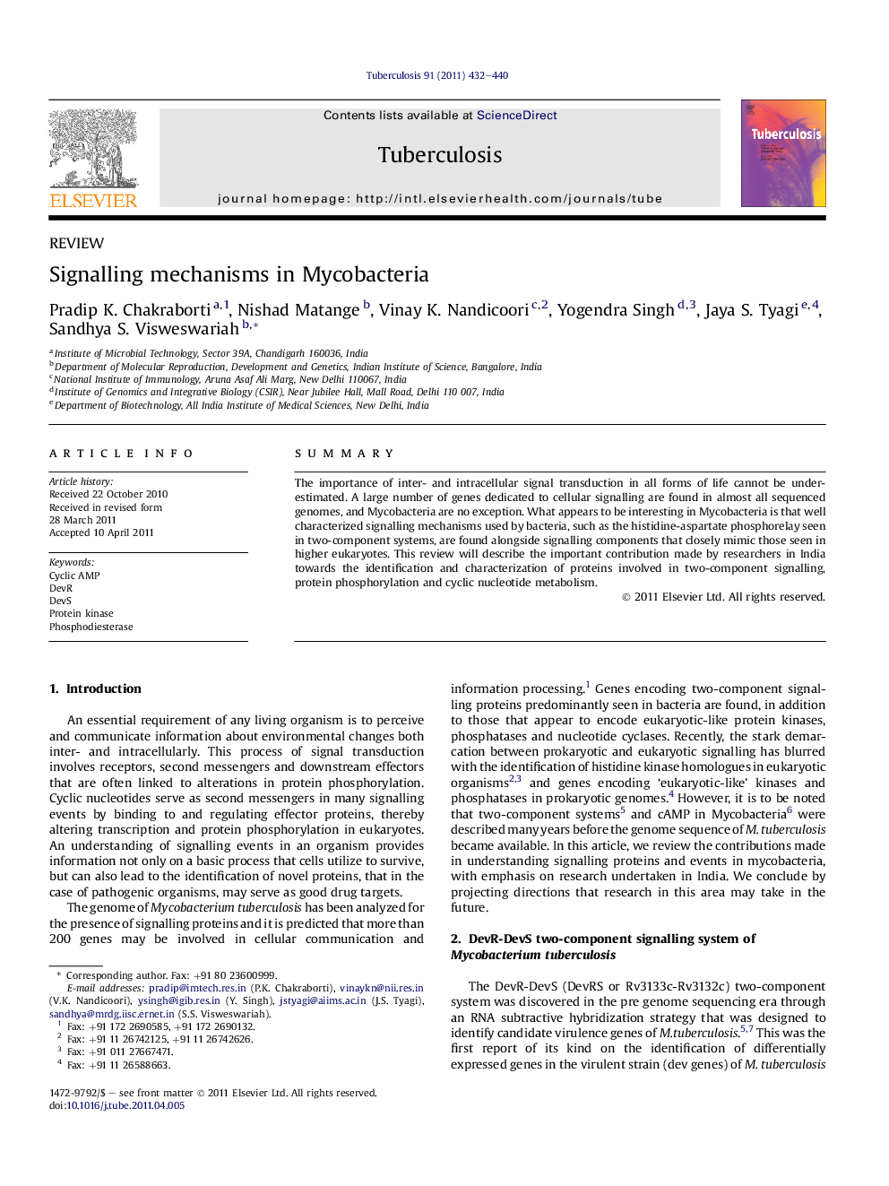 عکس صفحه اول مقاله: Signalling mechanisms in Mycobacteria Signalling mechanisms in Mycobacteria