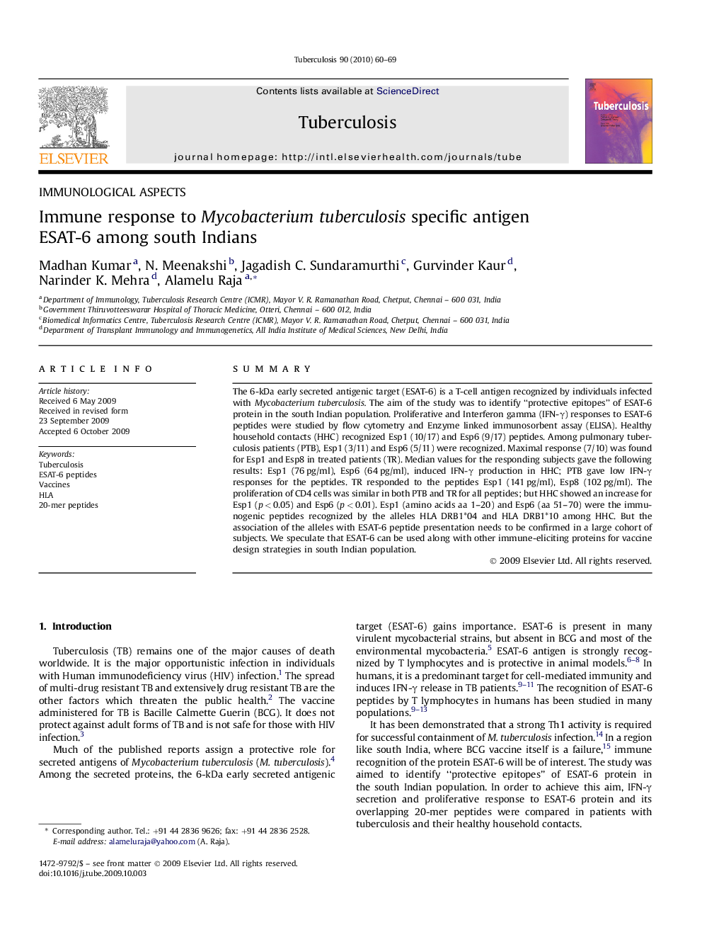 Immune response to Mycobacterium tuberculosis specific antigen ESAT-6 among south Indians
