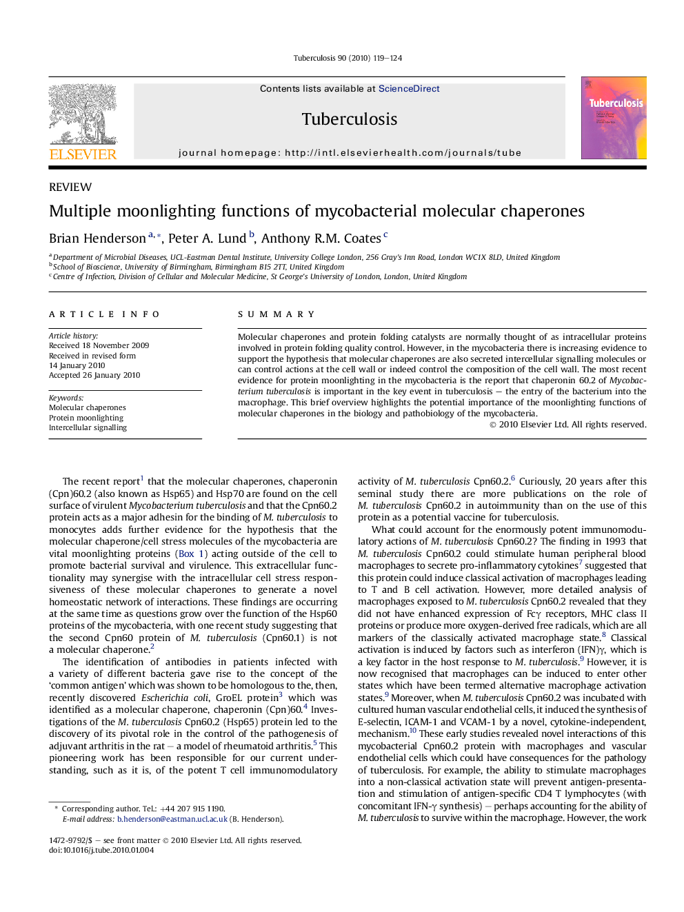 Multiple moonlighting functions of mycobacterial molecular chaperones