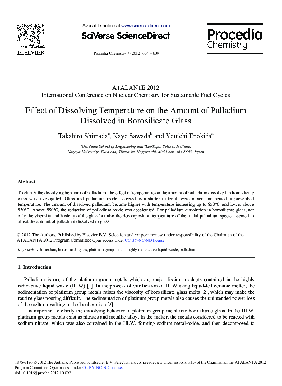 Effect of Dissolving Temperature on the Amount of Palladium Dissolved in Borosilicate Glass 