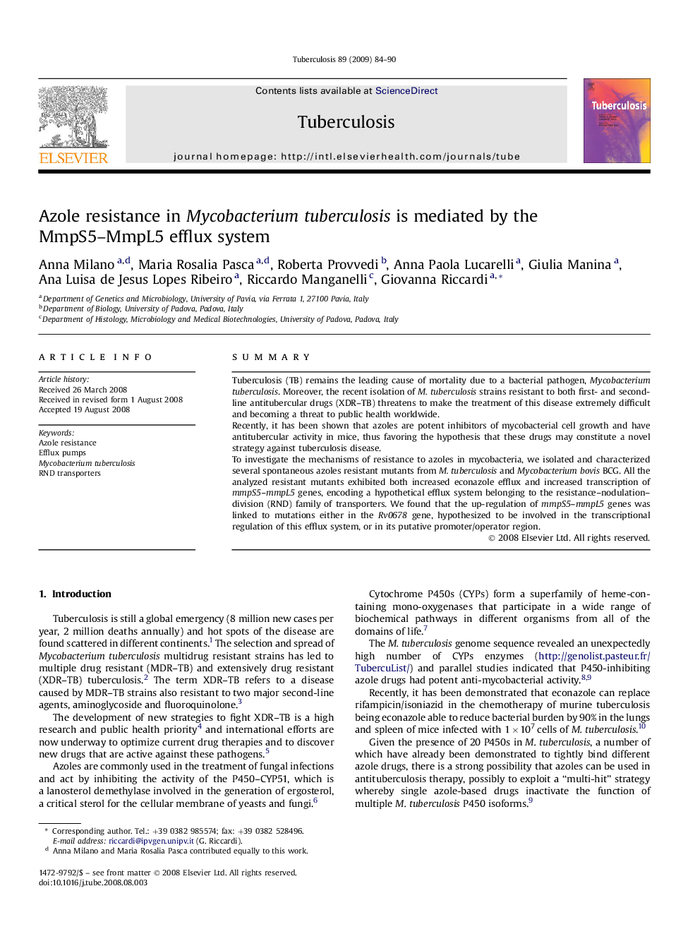 Azole resistance in Mycobacterium tuberculosis is mediated by the MmpS5–MmpL5 efflux system