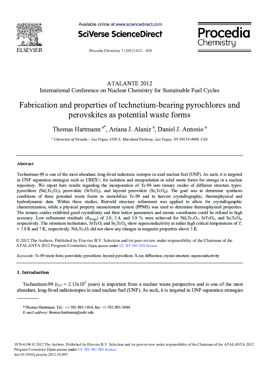 Fabrication and Properties of Technetium-bearing Pyrochlores and Perovskites as Potential Waste Forms 