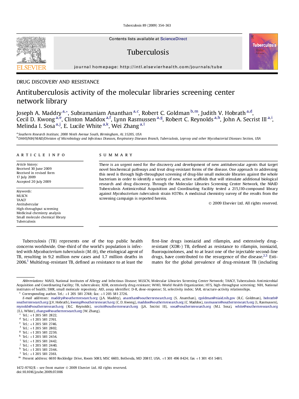 Antituberculosis activity of the molecular libraries screening center network library