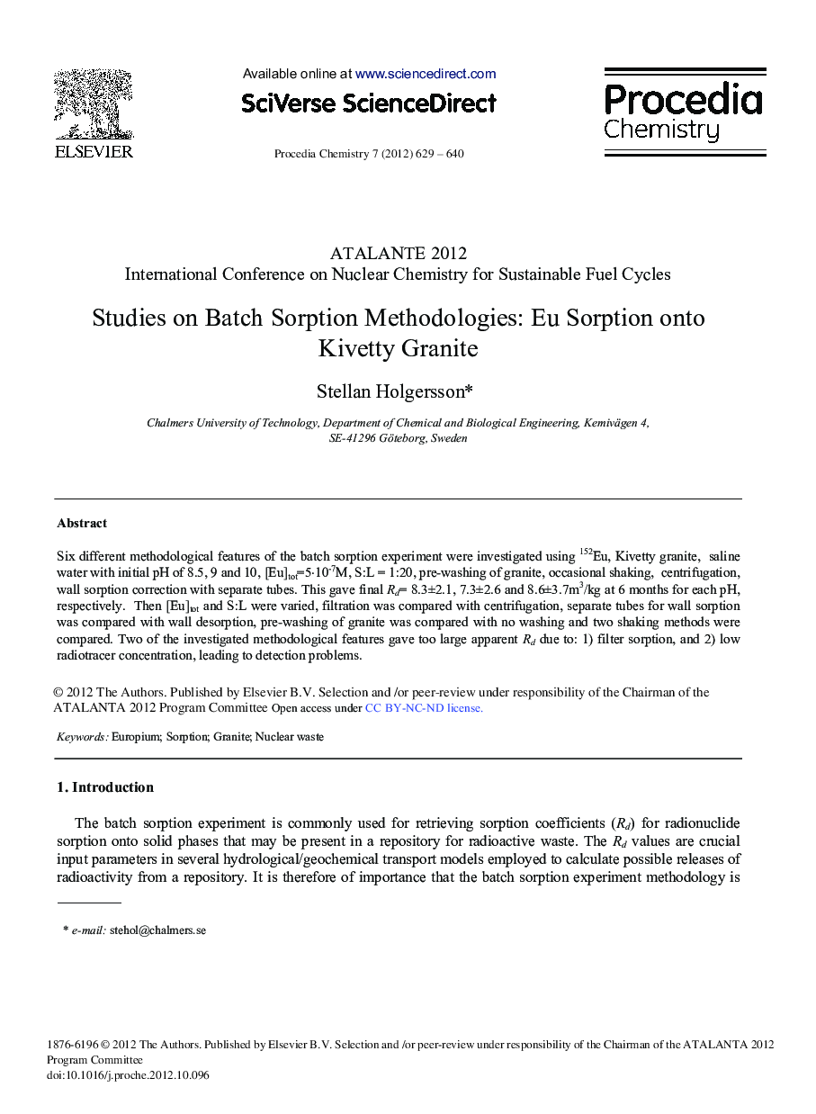 Studies on Batch Sorption Methodologies: Eu Sorption onto Kivetty Granite 