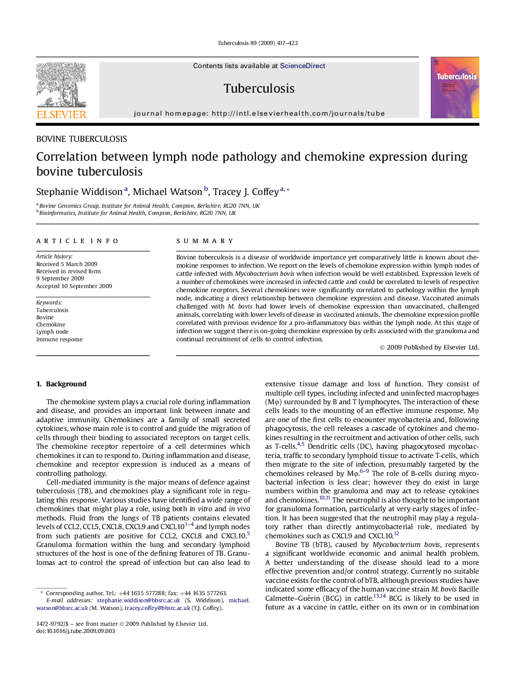 Correlation between lymph node pathology and chemokine expression during bovine tuberculosis