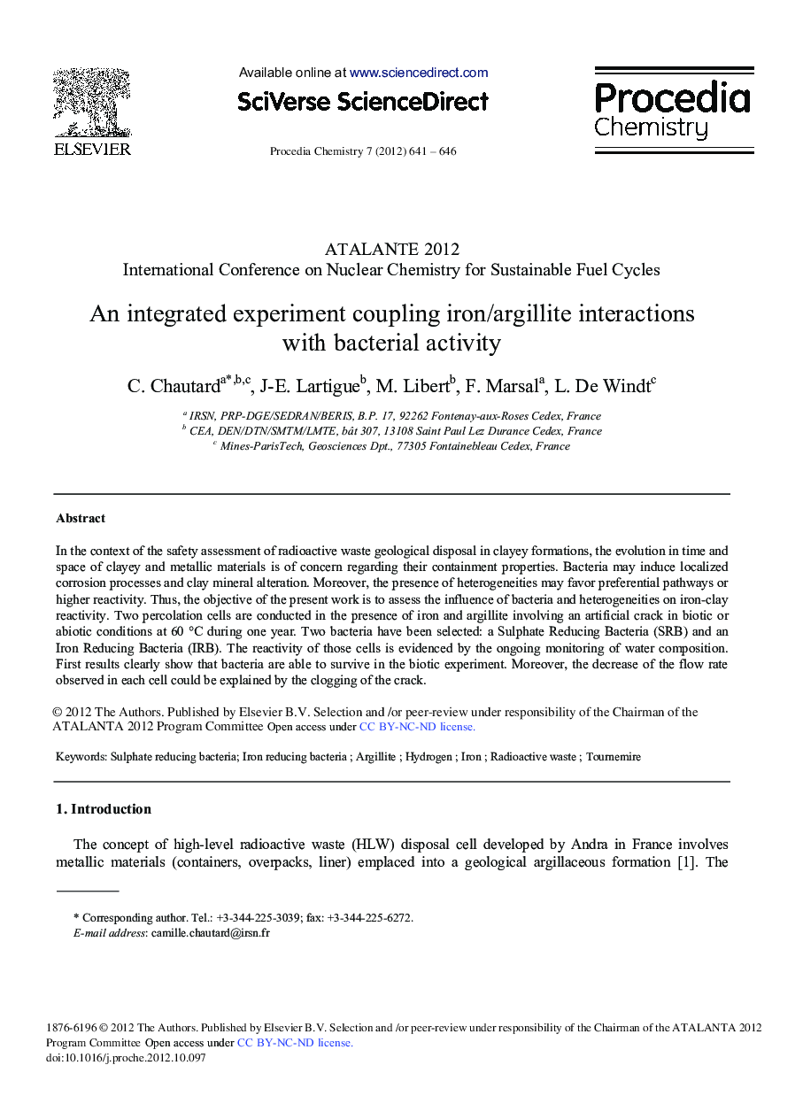 An Integrated Experiment Coupling Iron/Argillite Interactions with Bacterial Activity 