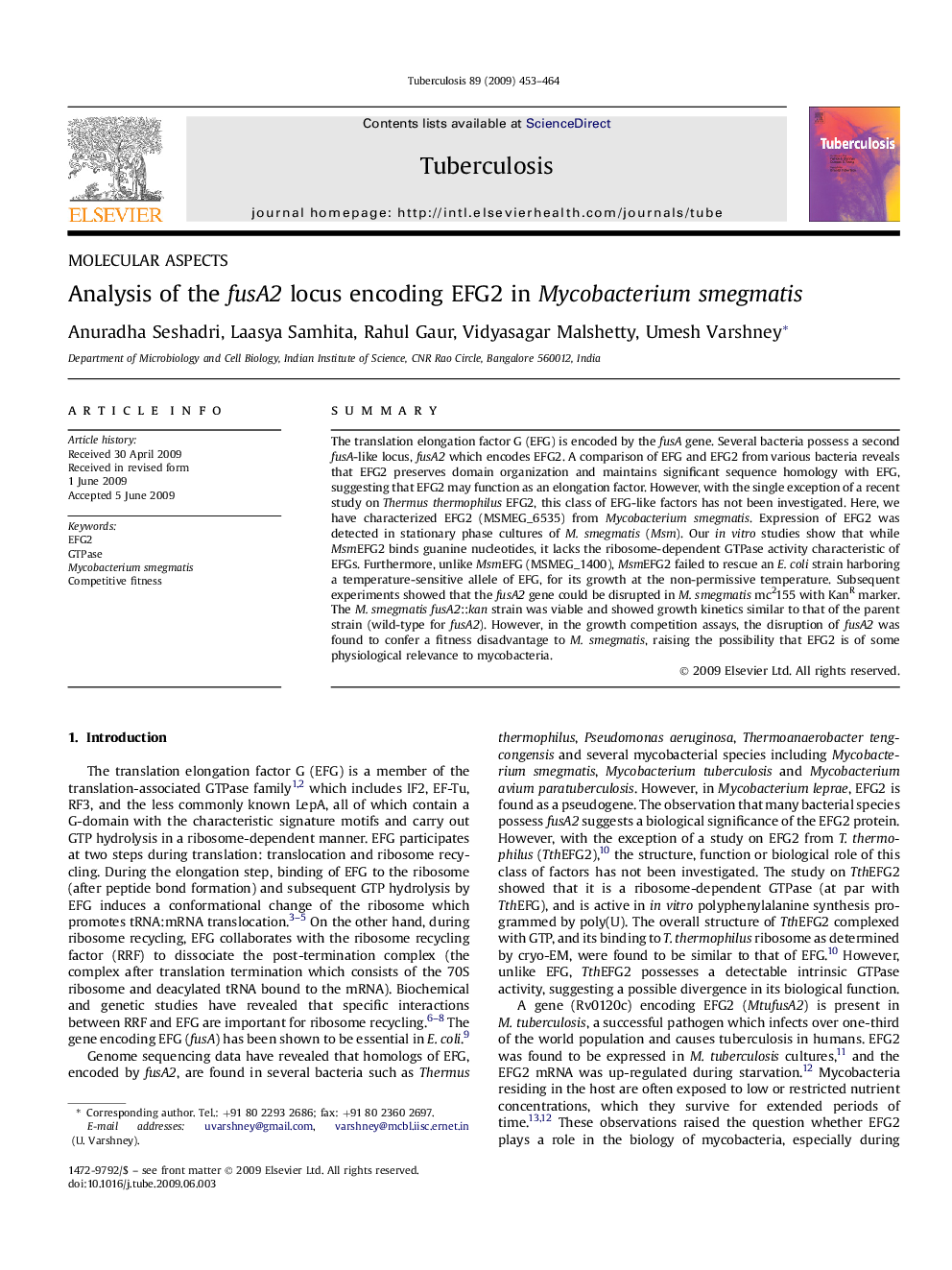 Analysis of the fusA2 locus encoding EFG2 in Mycobacterium smegmatis