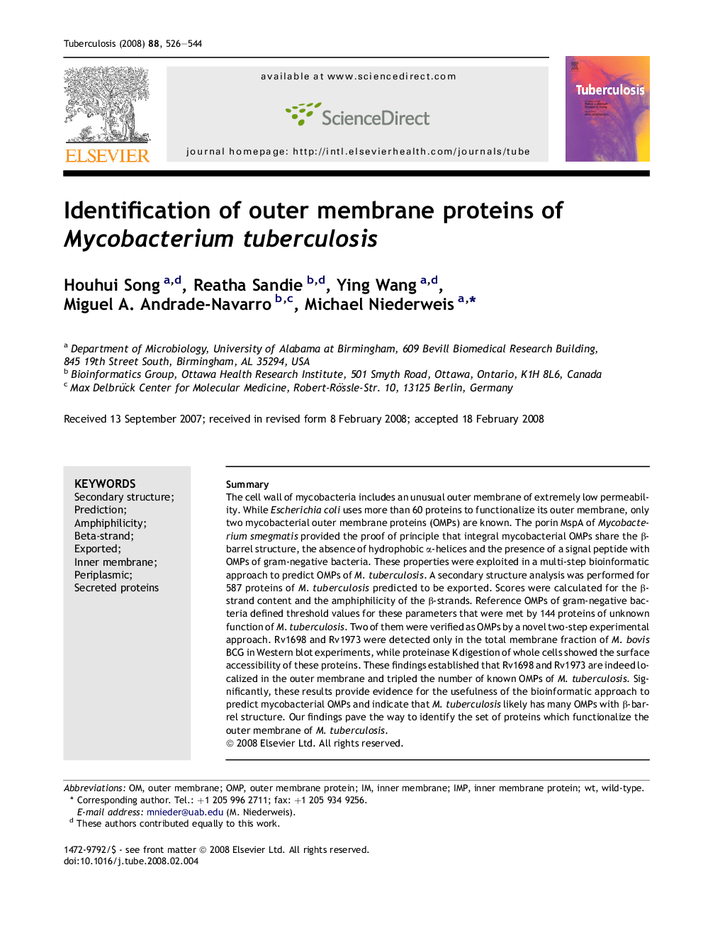 Identification of outer membrane proteins of Mycobacterium tuberculosis