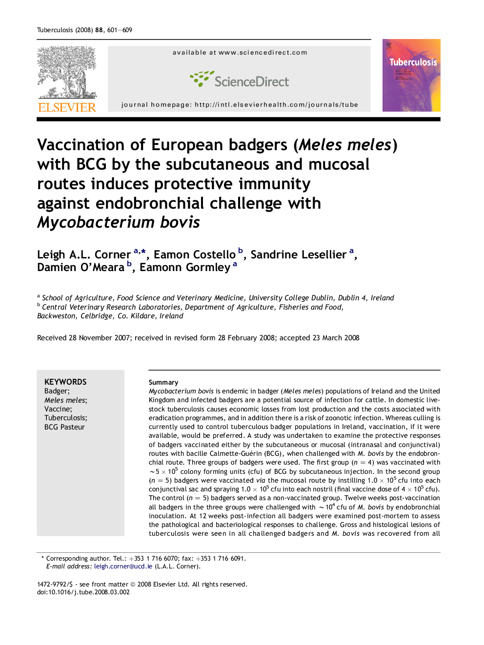 Vaccination of European badgers (Meles meles) with BCG by the subcutaneous and mucosal routes induces protective immunity against endobronchial challenge with Mycobacterium bovis