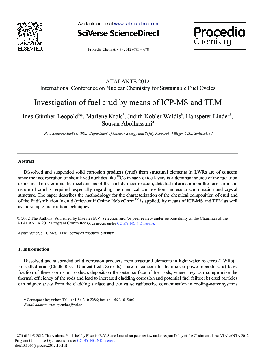 Investigation of Fuel Crud by Means of ICP-MS and TEM 
