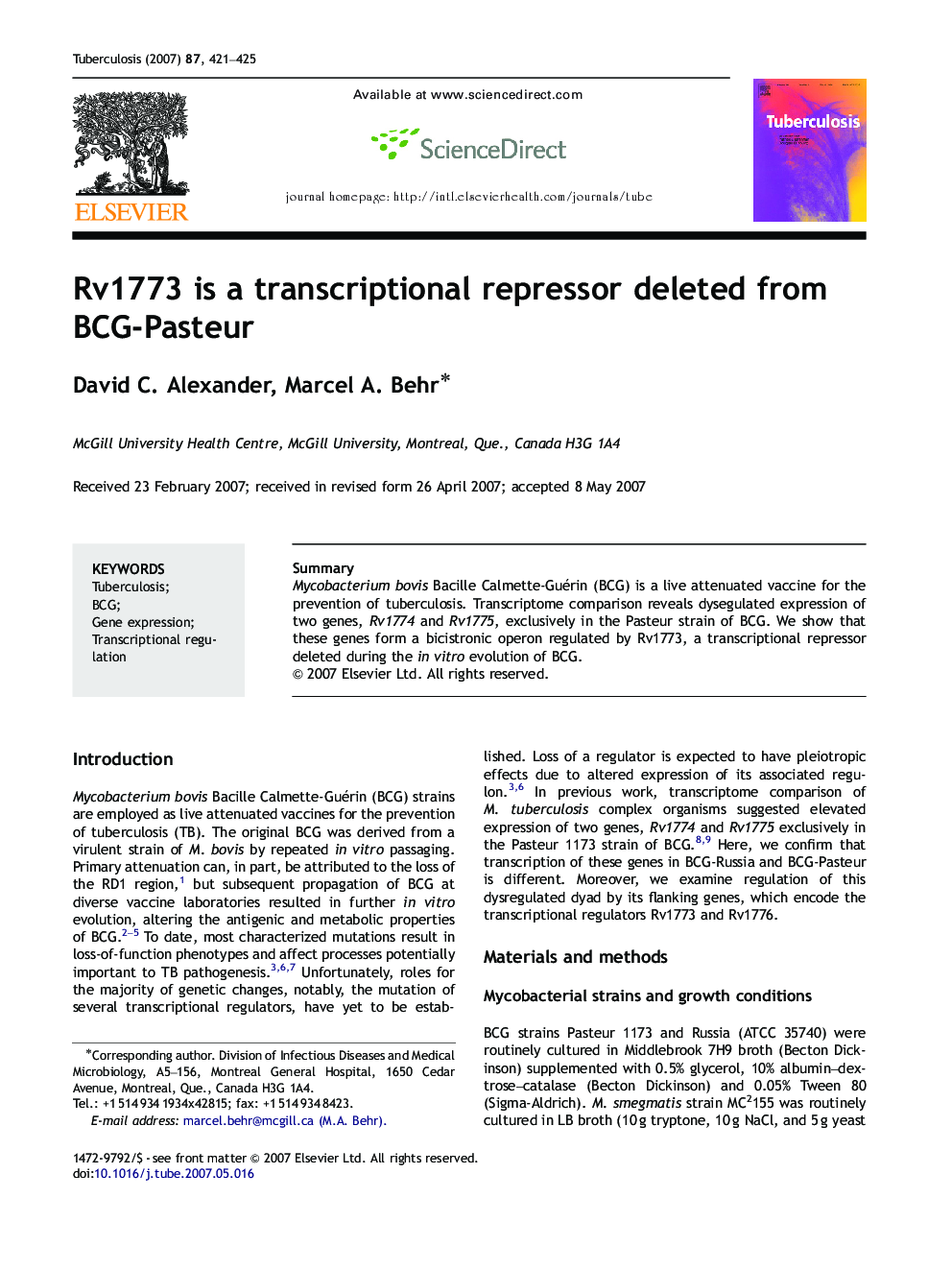 عکس صفحه اول مقاله: Rv1773 is a transcriptional repressor deleted from BCG-Pasteur Rv1773 is a transcriptional repressor deleted from BCG-Pasteur