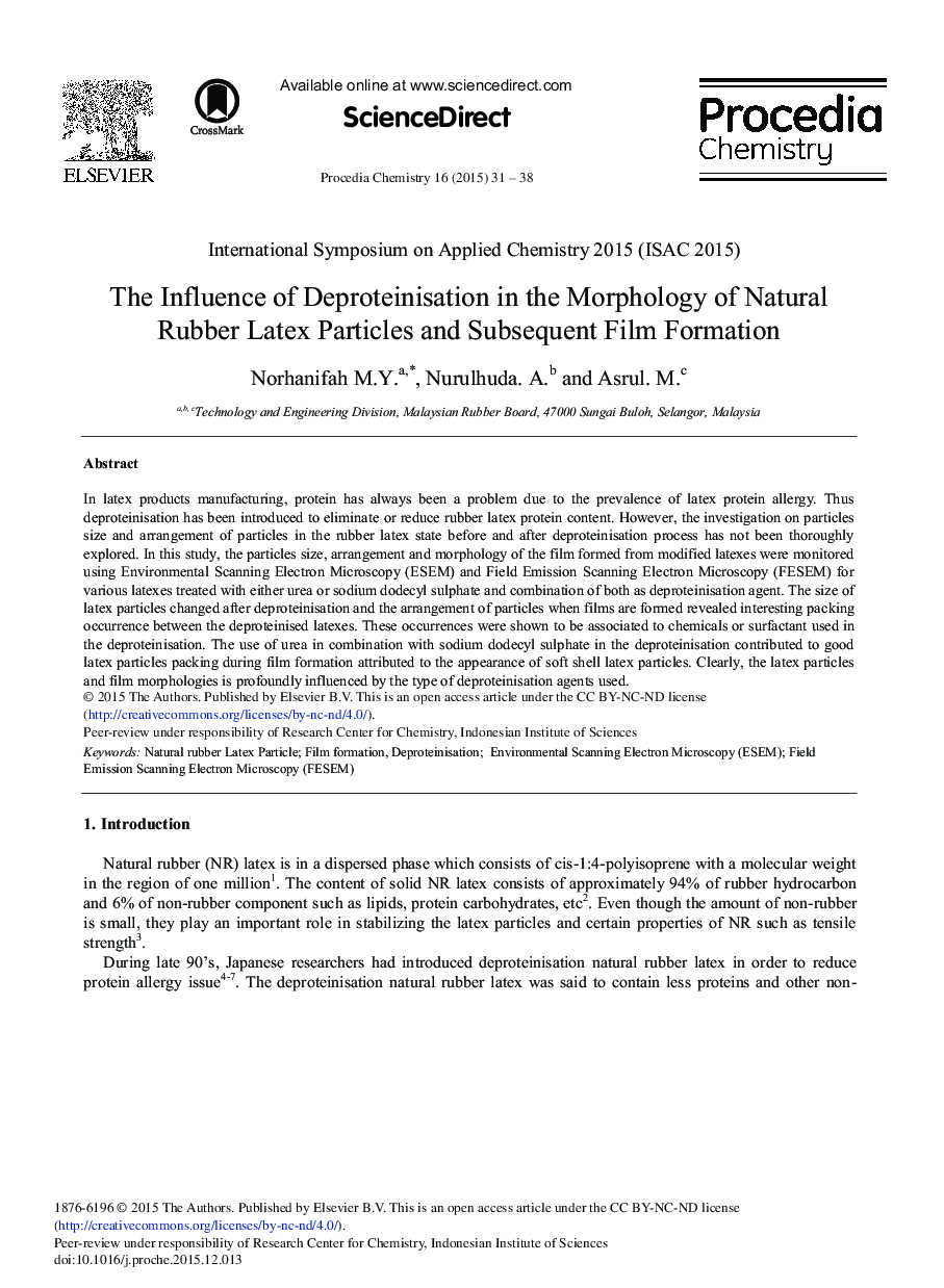 The Influence of Deproteinisation in the Morphology of Natural Rubber Latex Particles and Subsequent Film Formation 