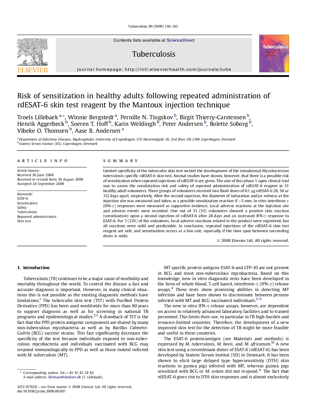 Risk of sensitization in healthy adults following repeated administration of rdESAT-6 skin test reagent by the Mantoux injection technique