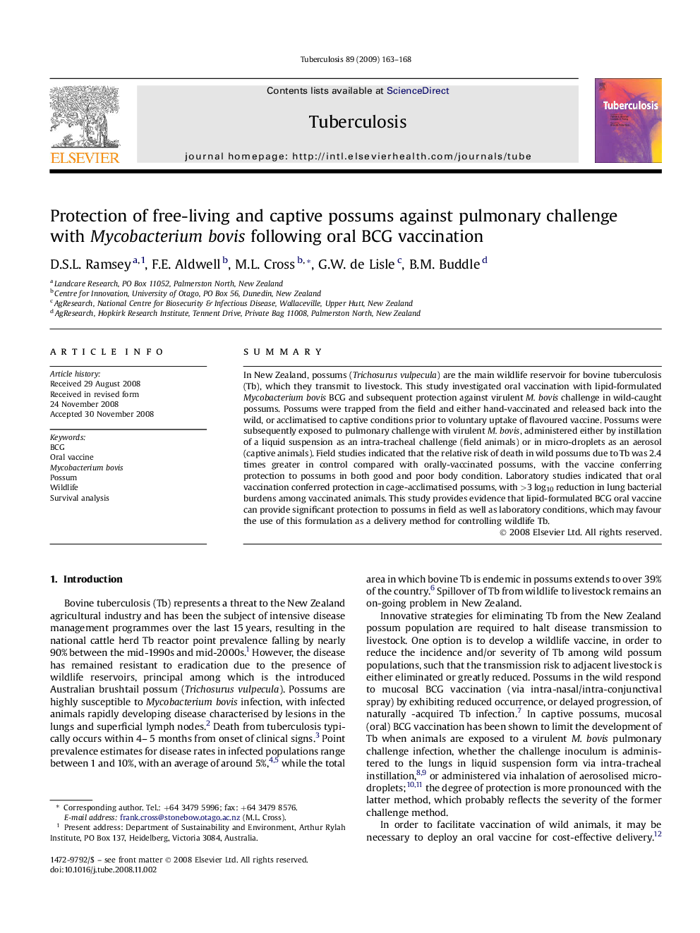 Protection of free-living and captive possums against pulmonary challenge with Mycobacterium bovis following oral BCG vaccination