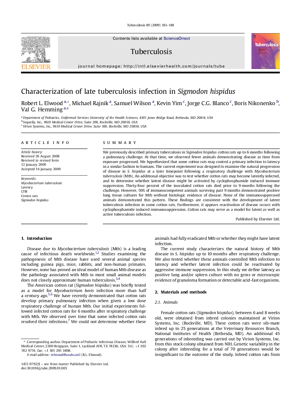 Characterization of late tuberculosis infection in Sigmodon hispidus