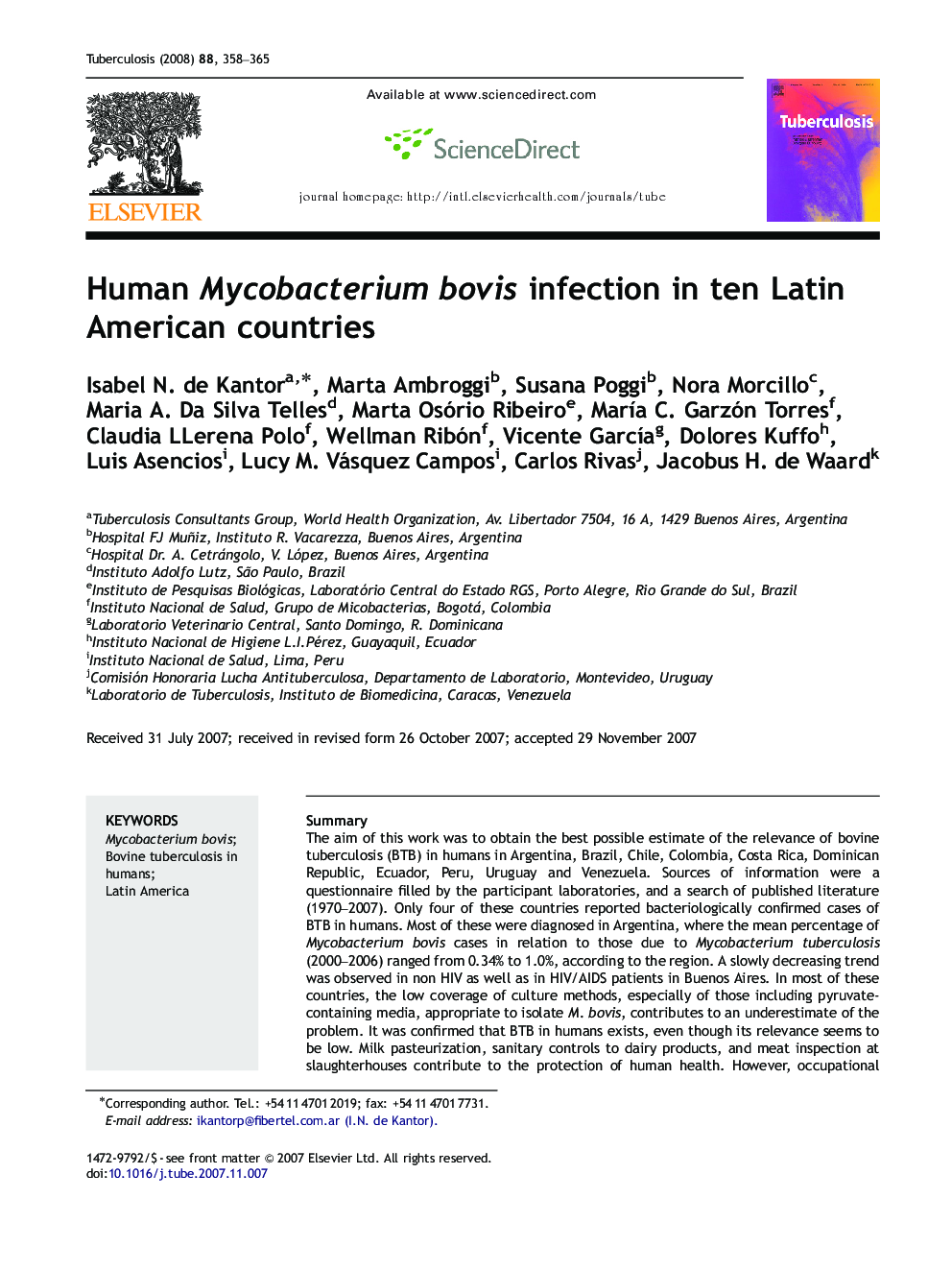Human Mycobacterium bovis infection in ten Latin American countries