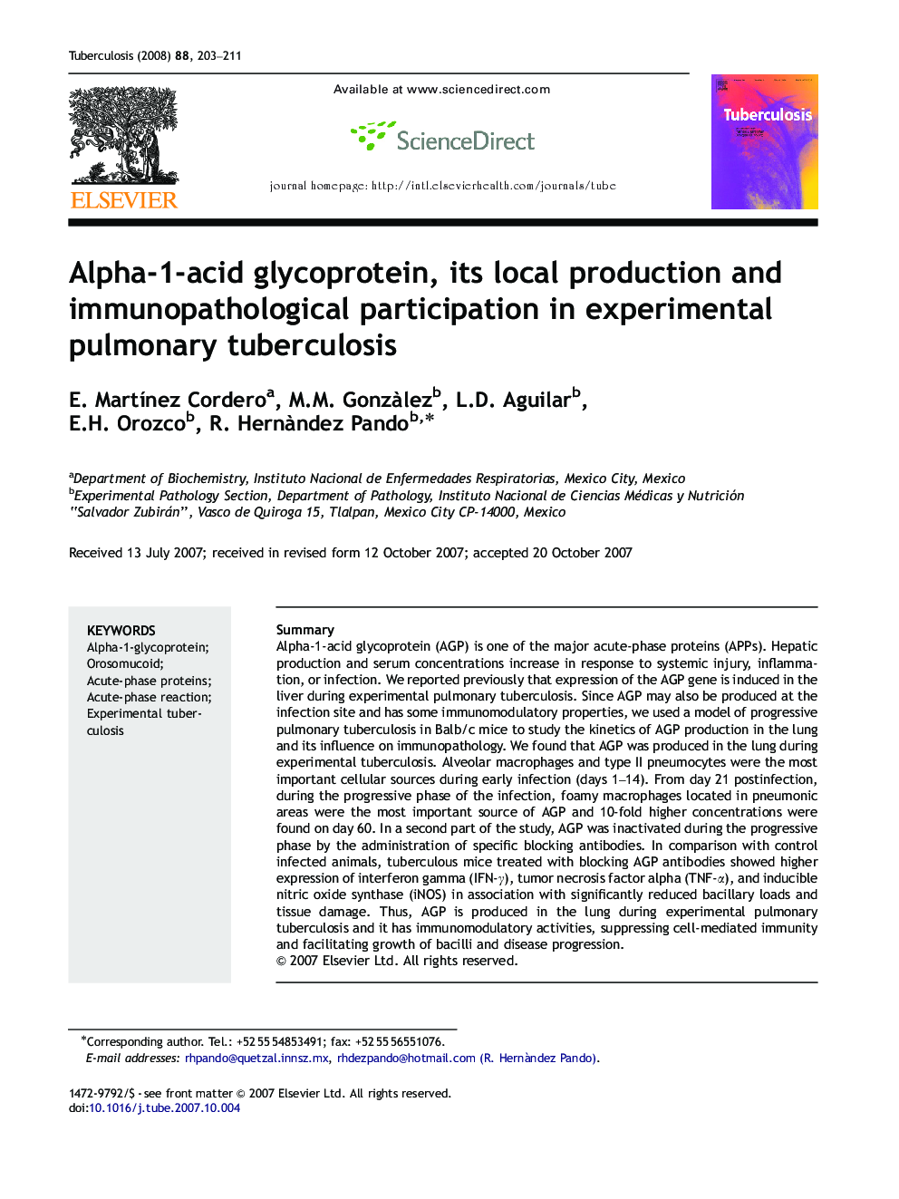 Alpha-1-acid glycoprotein, its local production and immunopathological participation in experimental pulmonary tuberculosis