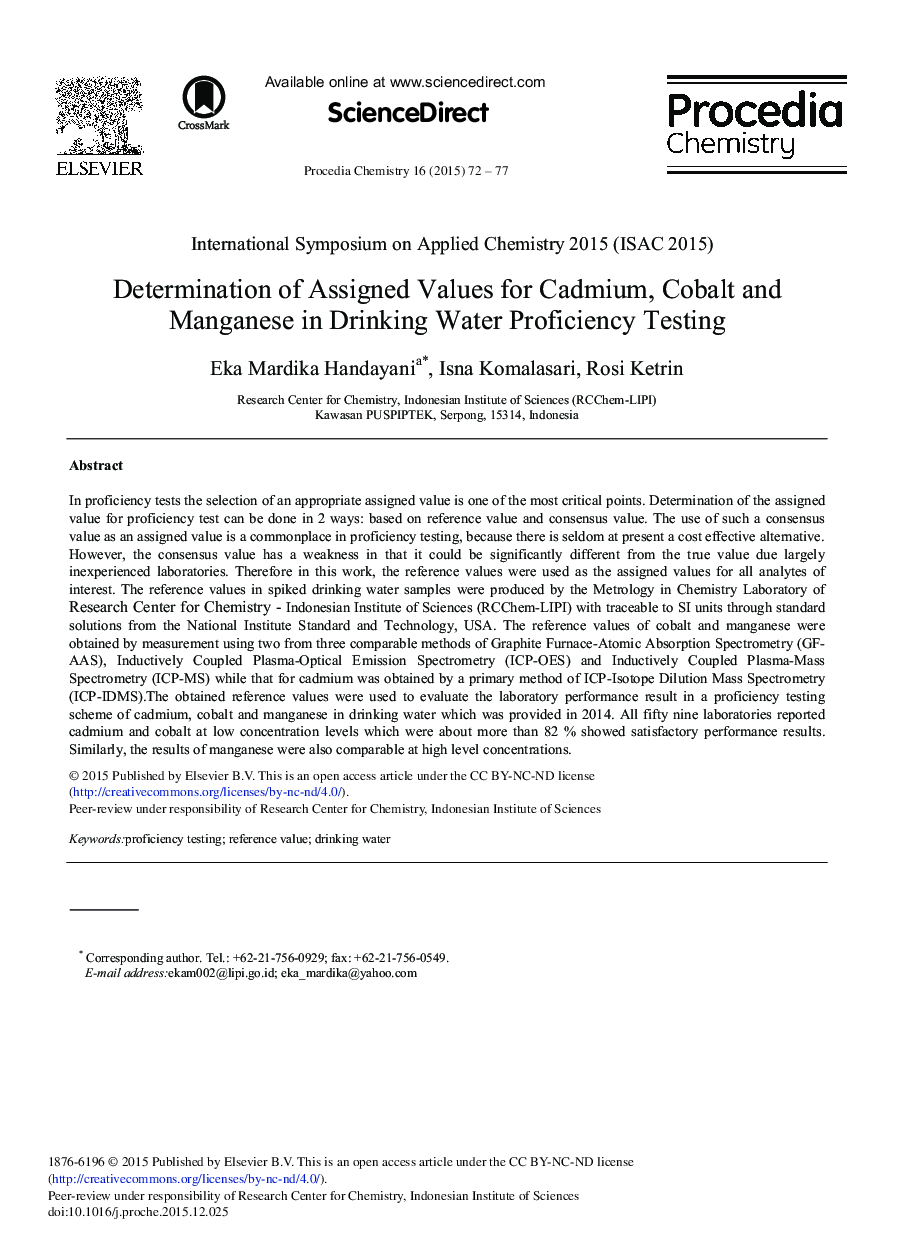 Determination of Assigned Values for Cadmium, Cobalt and Manganese in Drinking Water Proficiency Testing 