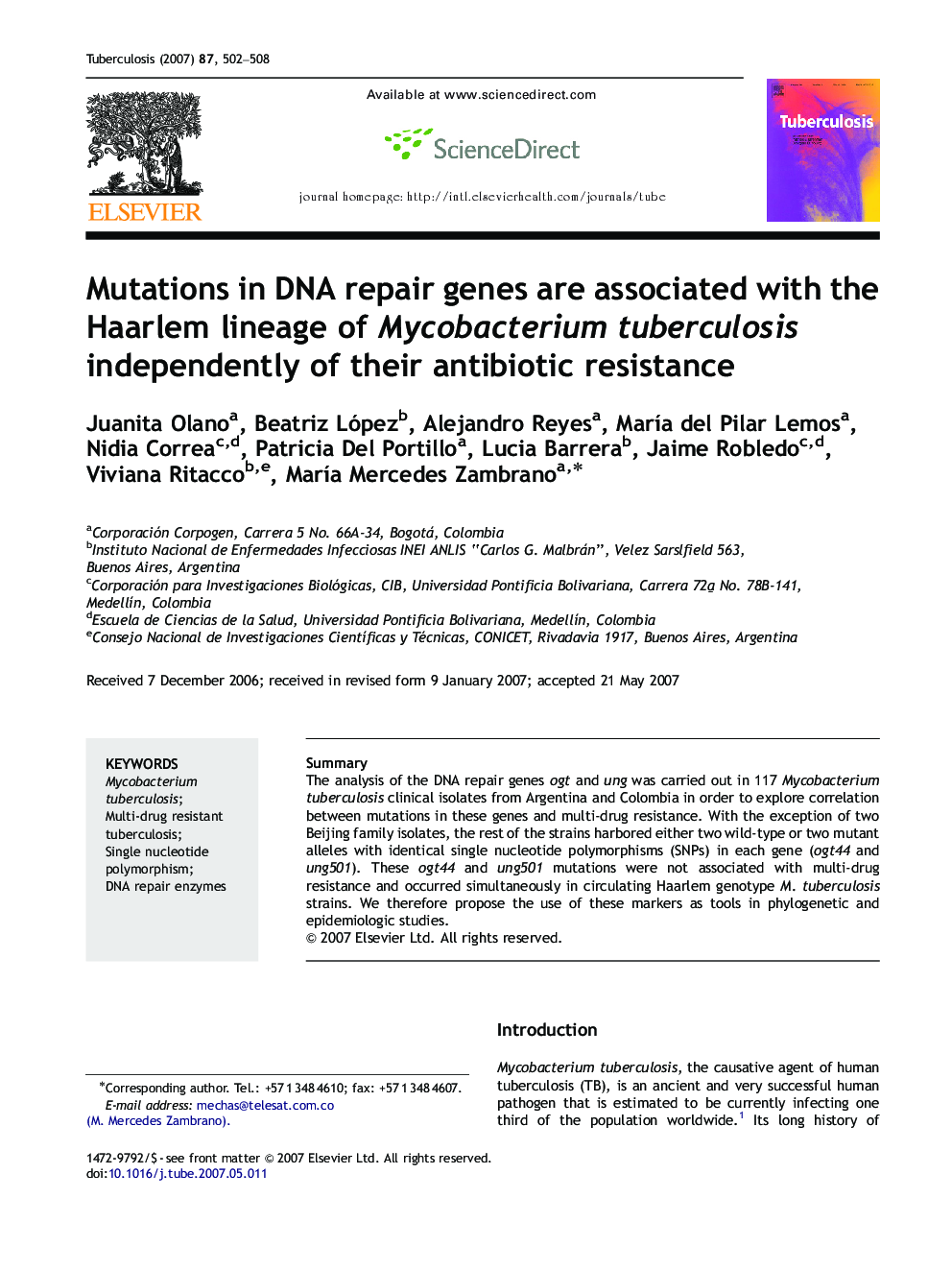 Mutations in DNA repair genes are associated with the Haarlem lineage of Mycobacterium tuberculosis independently of their antibiotic resistance