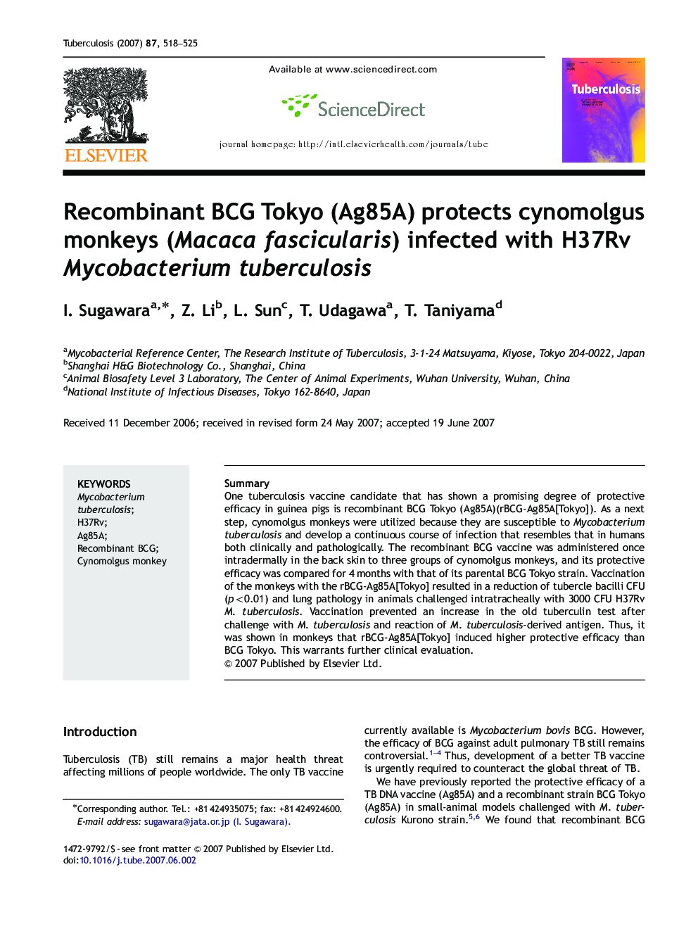 Recombinant BCG Tokyo (Ag85A) protects cynomolgus monkeys (Macaca fascicularis) infected with H37Rv Mycobacterium tuberculosis