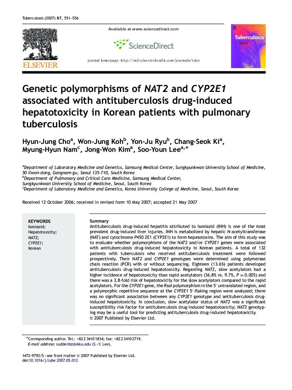 Genetic polymorphisms of NAT2 and CYP2E1 associated with antituberculosis drug-induced hepatotoxicity in Korean patients with pulmonary tuberculosis