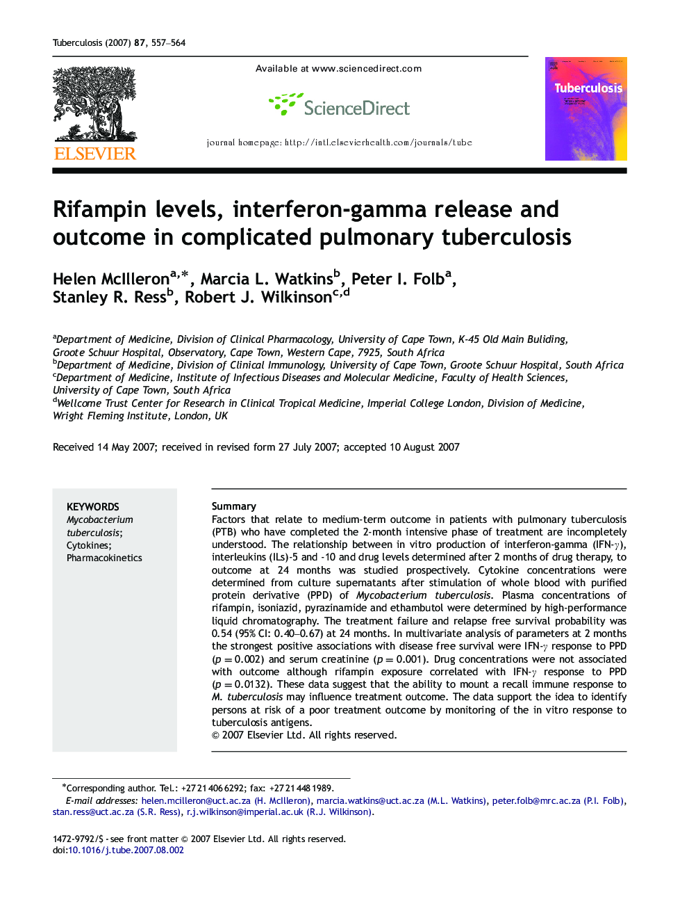 Rifampin levels, interferon-gamma release and outcome in complicated pulmonary tuberculosis