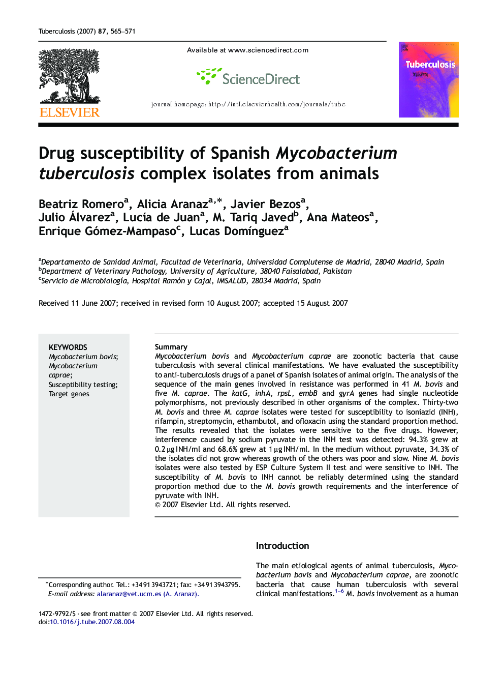 Drug susceptibility of Spanish Mycobacterium tuberculosis complex isolates from animals