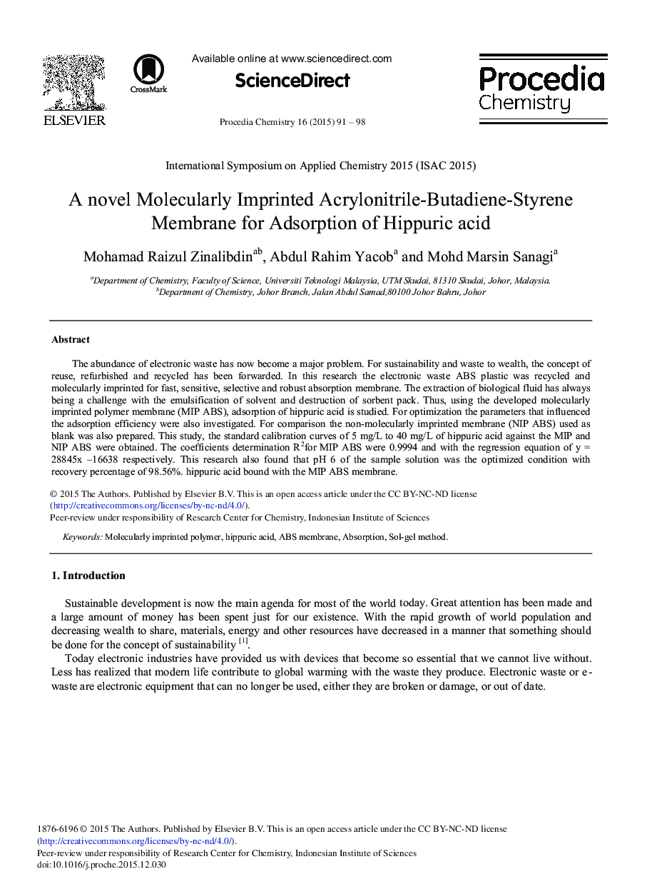 A Novel Molecularly Imprinted Acrylonitrile-butadiene-styrene Membrane for Adsorption of Hippuric acid 